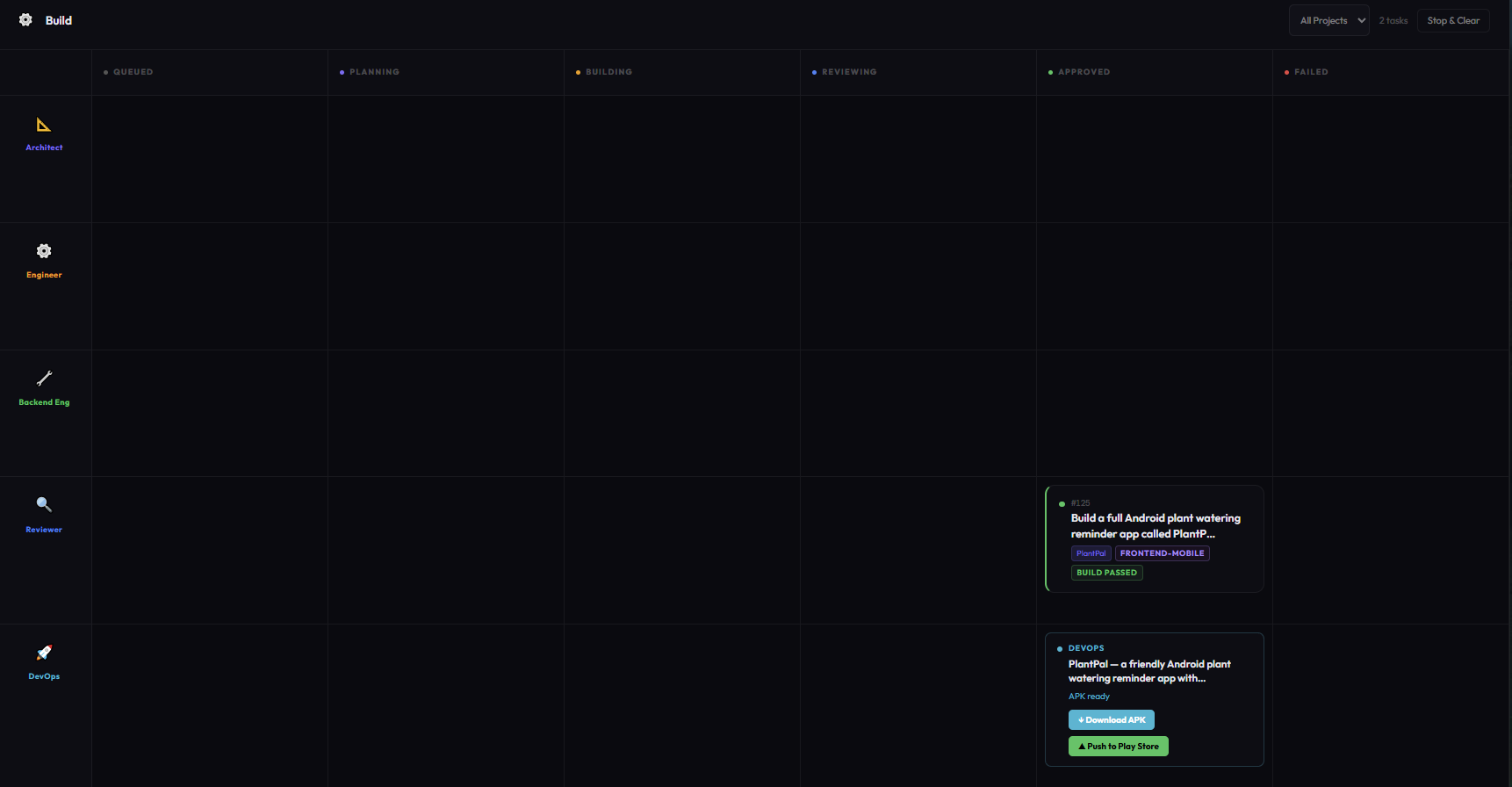 Composabley build board — finished PlantPal with APK ready